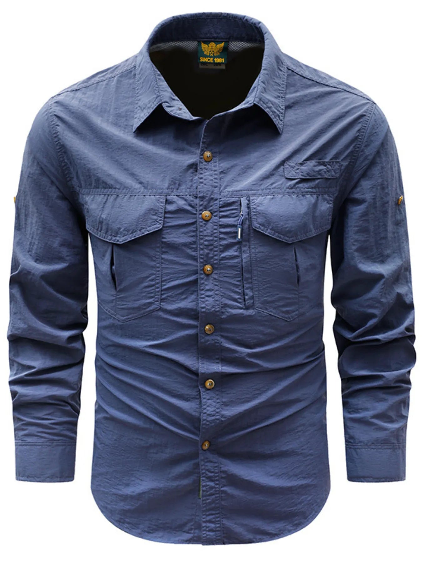 Men's plus size button-up long-sleeve shirt, dusty blue, two chest pockets, button front