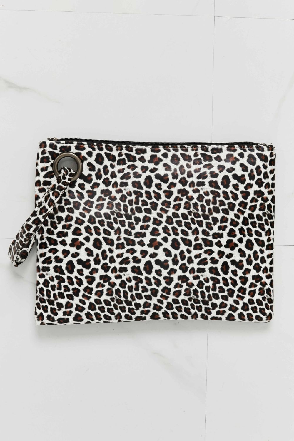 Leopard-print zip wristlet pouch with wrist strap, white fabric with brown spots
