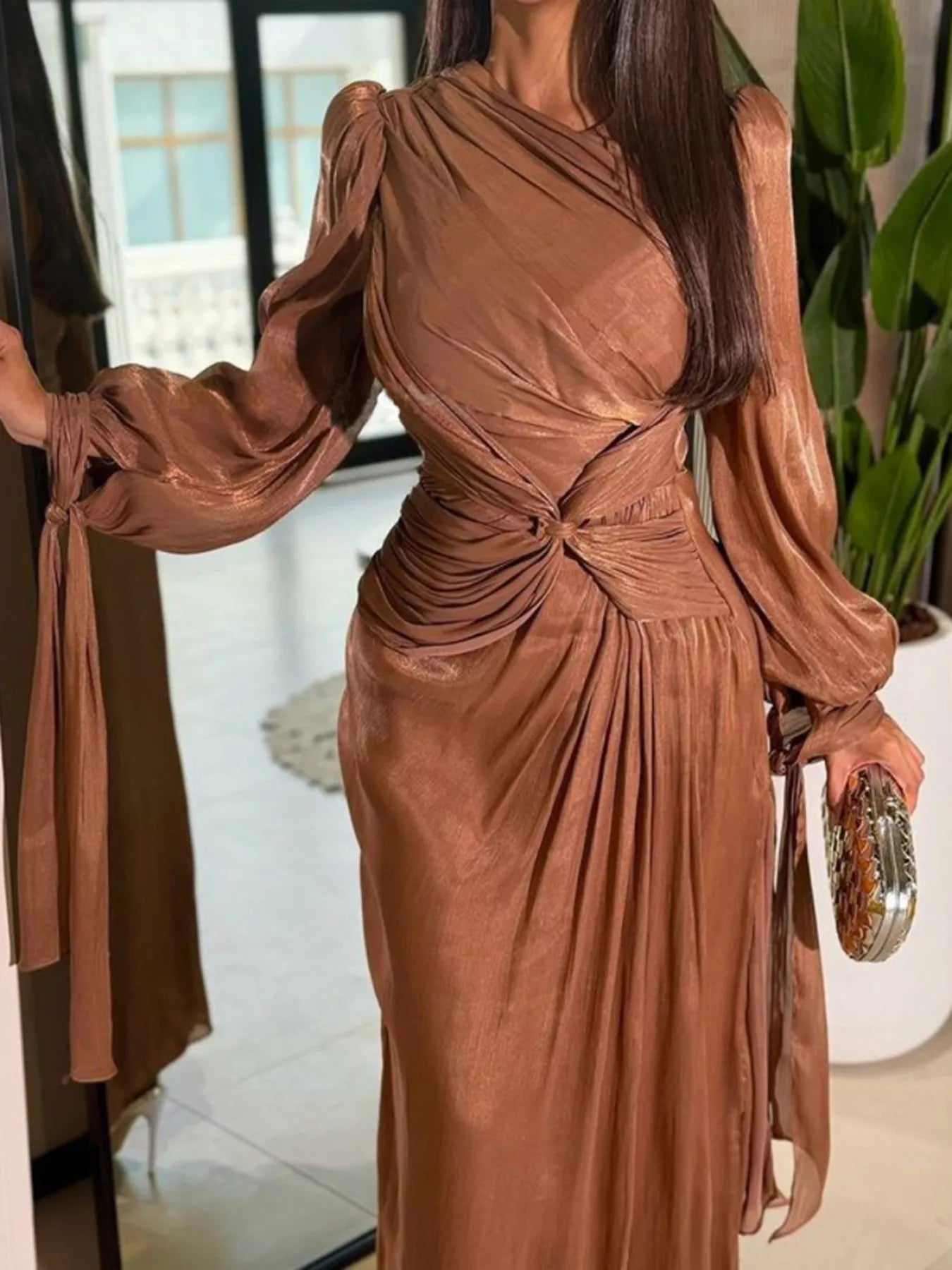 Cedar & Moore Front Twisted Draped Long Sleeve Maxi Dress by Trendsi, bronze satin, ruched with front knot