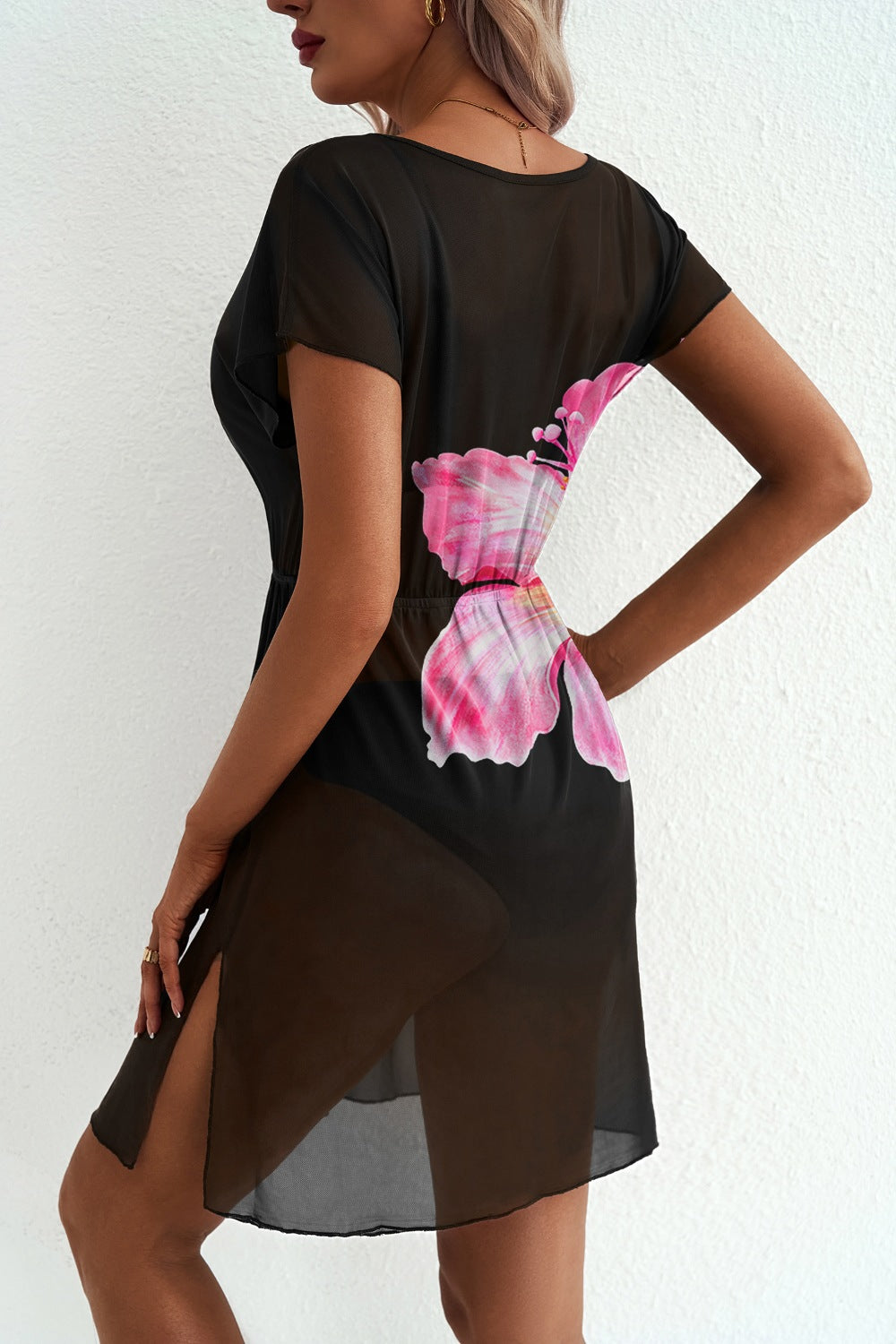 Cedar & Moore Floral Print V Neck Semi Sheer Beach Cover Up Dress in black with pink butterfly motif, back view