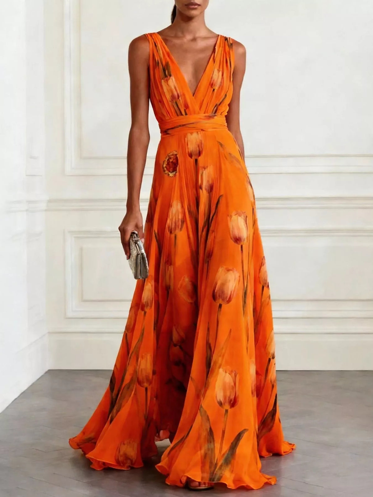 Sleeveless floral print ruched maxi dress in orange, V-neck with tied waist