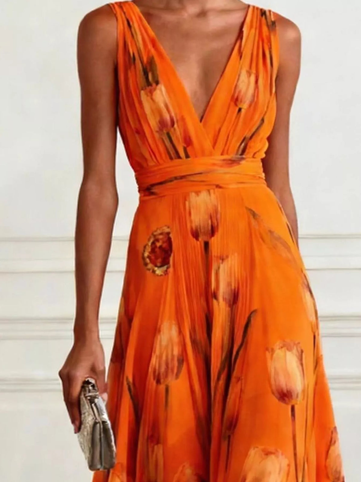 Sleeveless floral print ruched maxi dress in orange, V-neck bodice and gathered waist