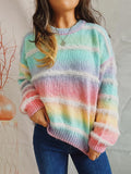 Striped round-neck long-sleeve sweater in aqua, pink, yellow, and pastel rainbow