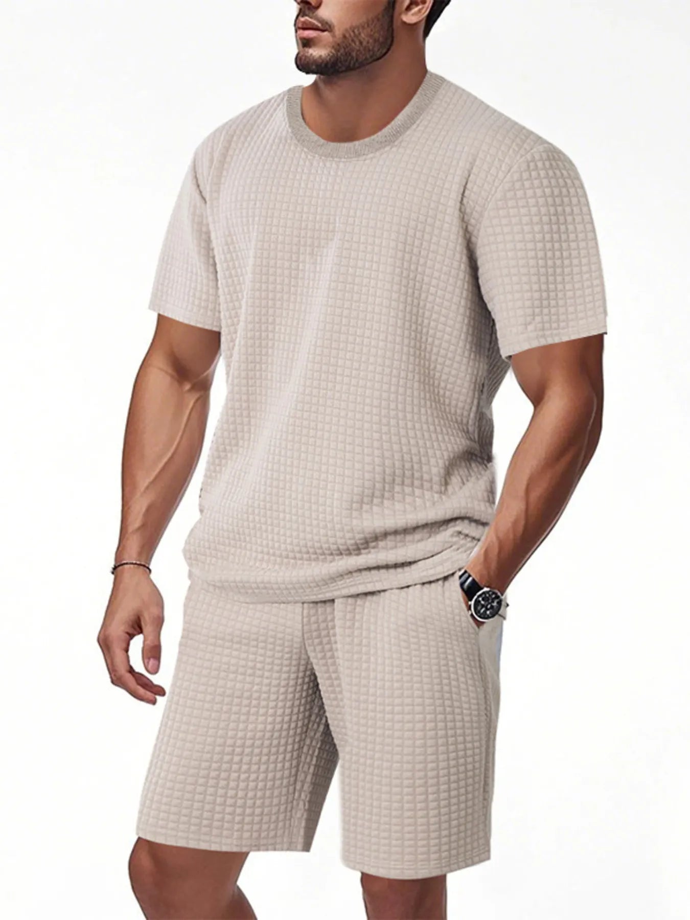 Textured light beige men's round-neck short-sleeve top and matching shorts set