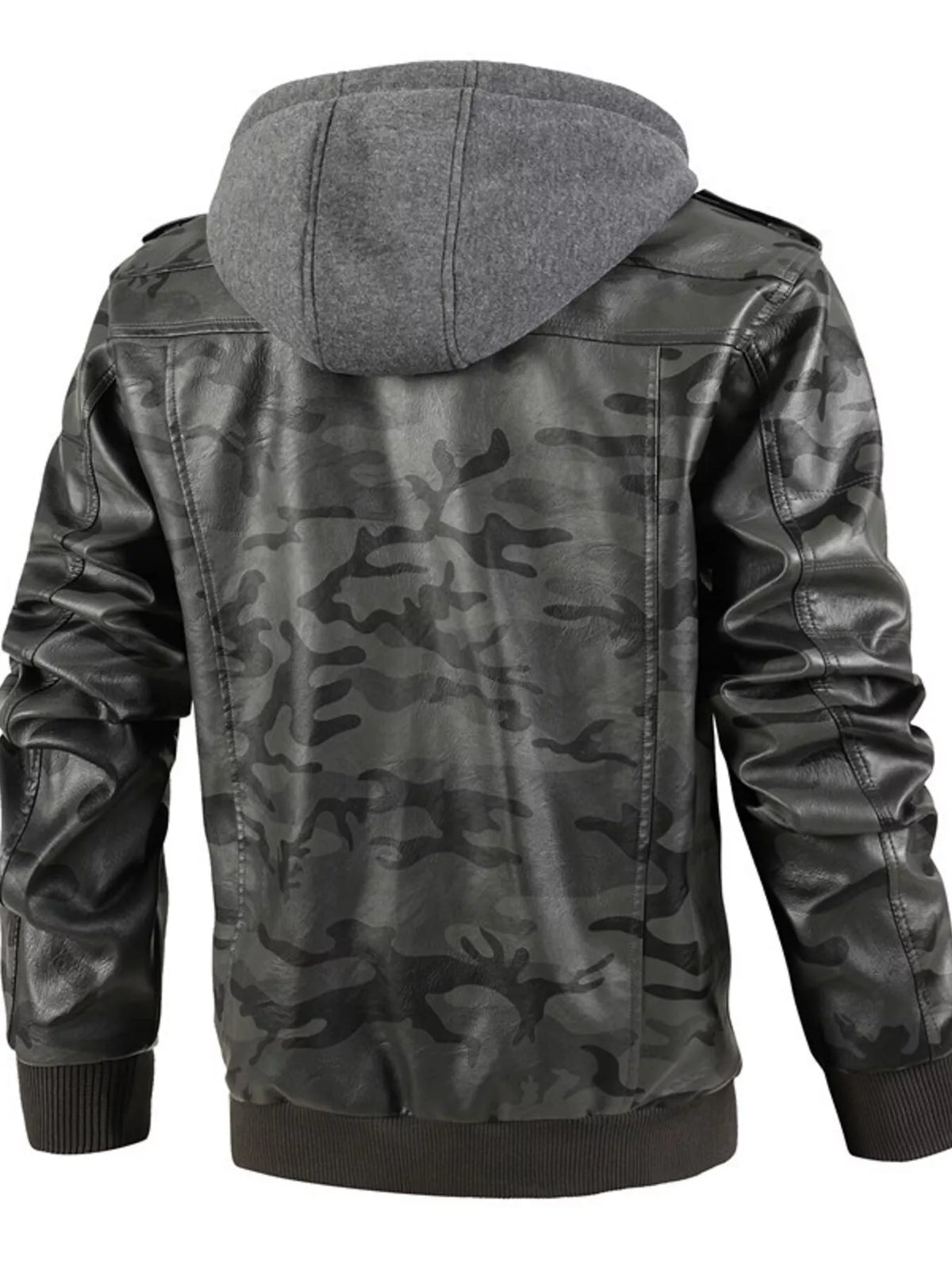 Grey camouflage hooded vegan leather jacket back view with ribbed knit cuffs