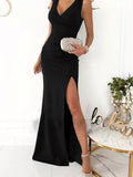 Black sleeveless maxi dress with ruched V-neck and high side slit