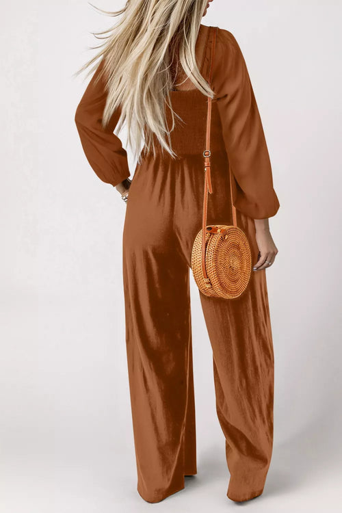 Caramel boho smocked square-neck wide-leg jumpsuit, long sleeves, back view