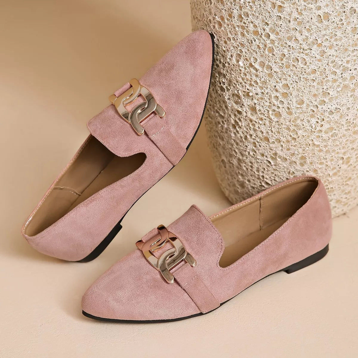 Pink suede pointed toe loafers, pair view, gold-tone chain buckle