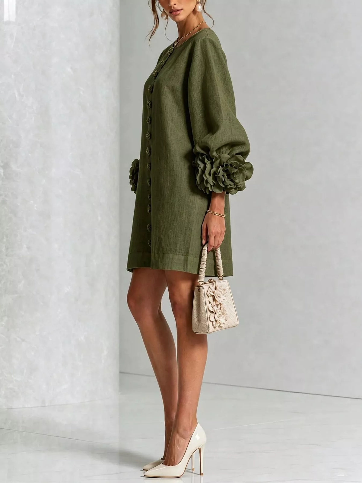 Dark green polyester dress with round neck, long sleeves, and 3D floral embellishments