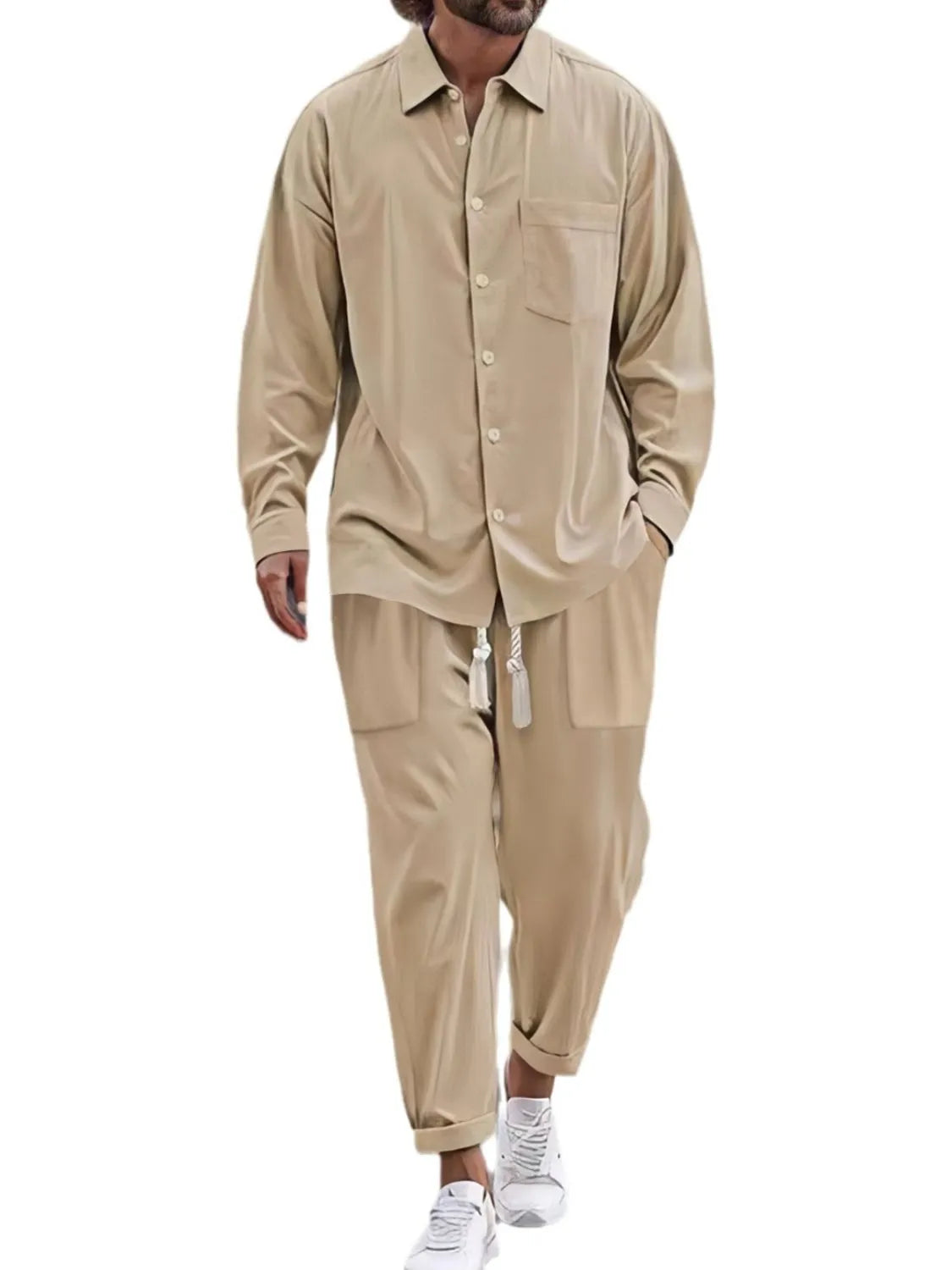 Khaki button-down shirt and pants set, chest pocket, cuffed ankle pants, drawstring