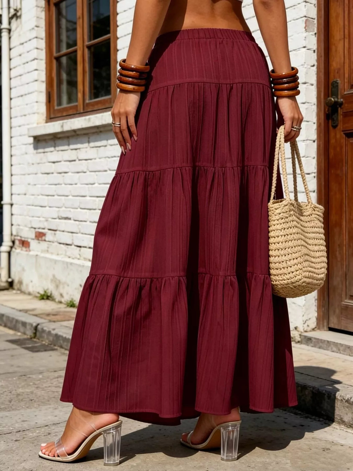 Burgundy tiered ruched maxi skirt with drawstring waist and layered ruffle tiers