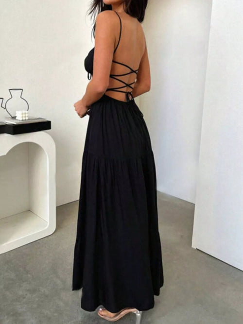 Black backless lace-up spaghetti strap maxi dress with tiered skirt and crisscross back