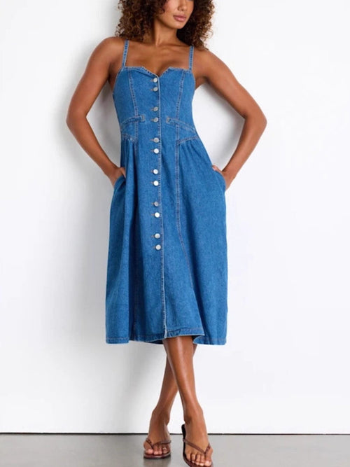 Dusty blue denim midi dress with button-front and thin spaghetti straps