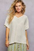 Cedar & Moore POL ribbed knit V-neck short sleeve tee in cream with side slit