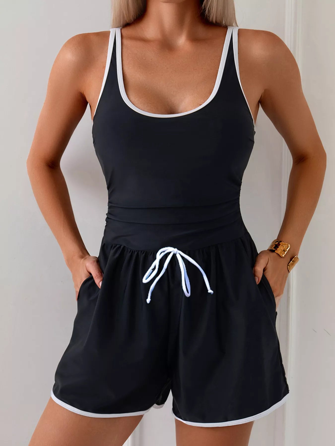 Contrast Trim Scoop Neck One-Piece Swimsuit in black with drawstring waist and pockets