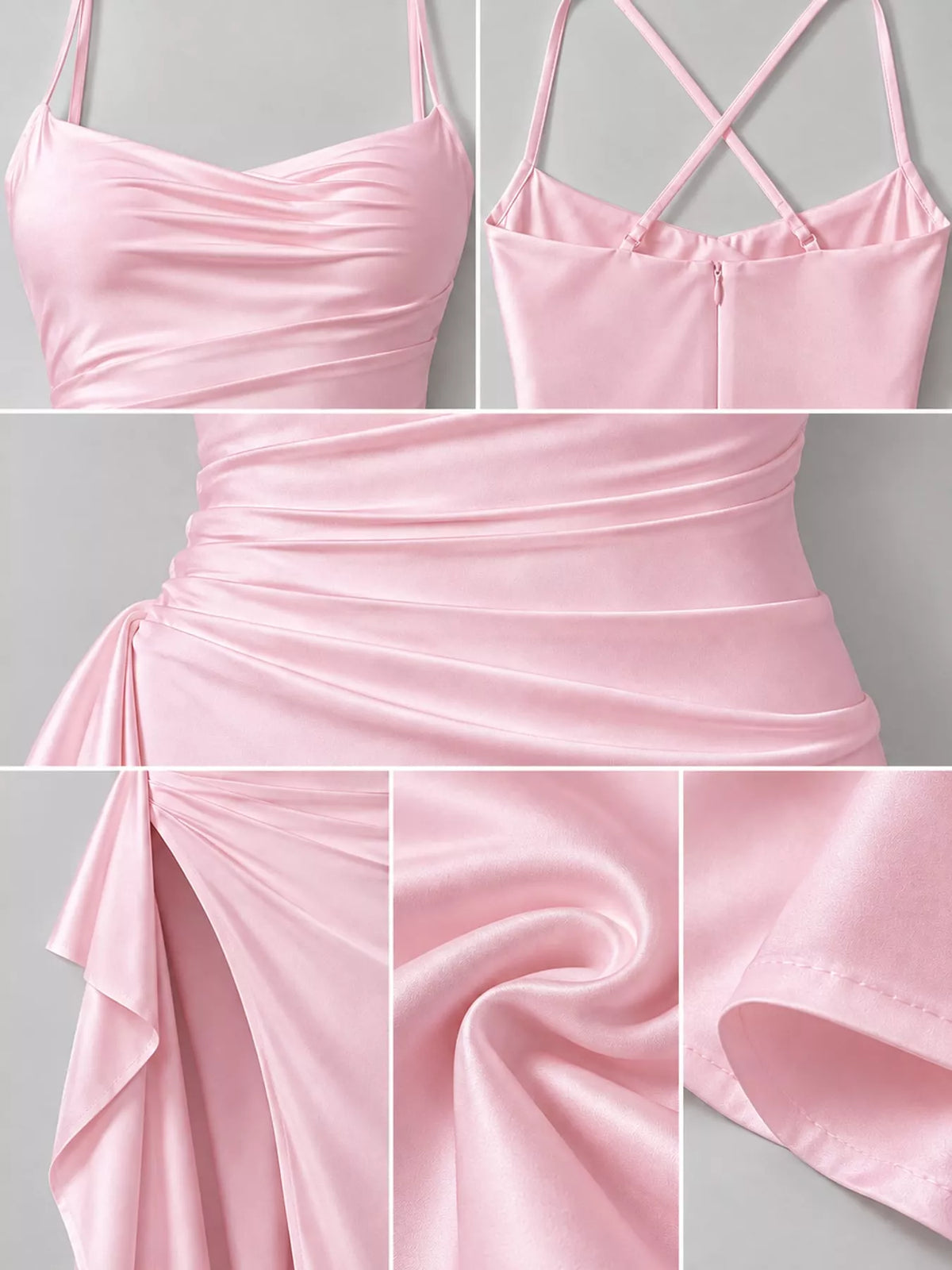 Pink satin ruched maxi dress bodice with crisscross back straps and side slit