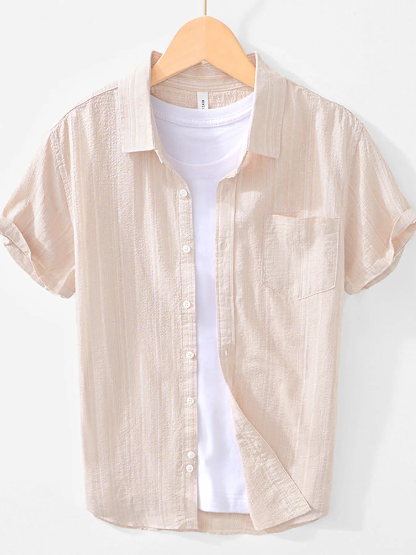 Striped collared short-sleeve shirt in beige with front button placket