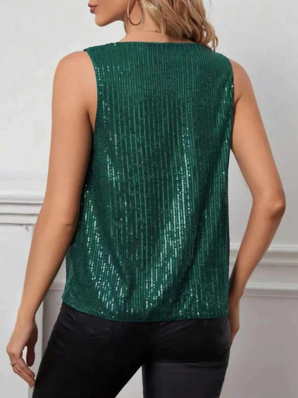 Dark green sequin sleeveless tank with draped cowl neckline, back view