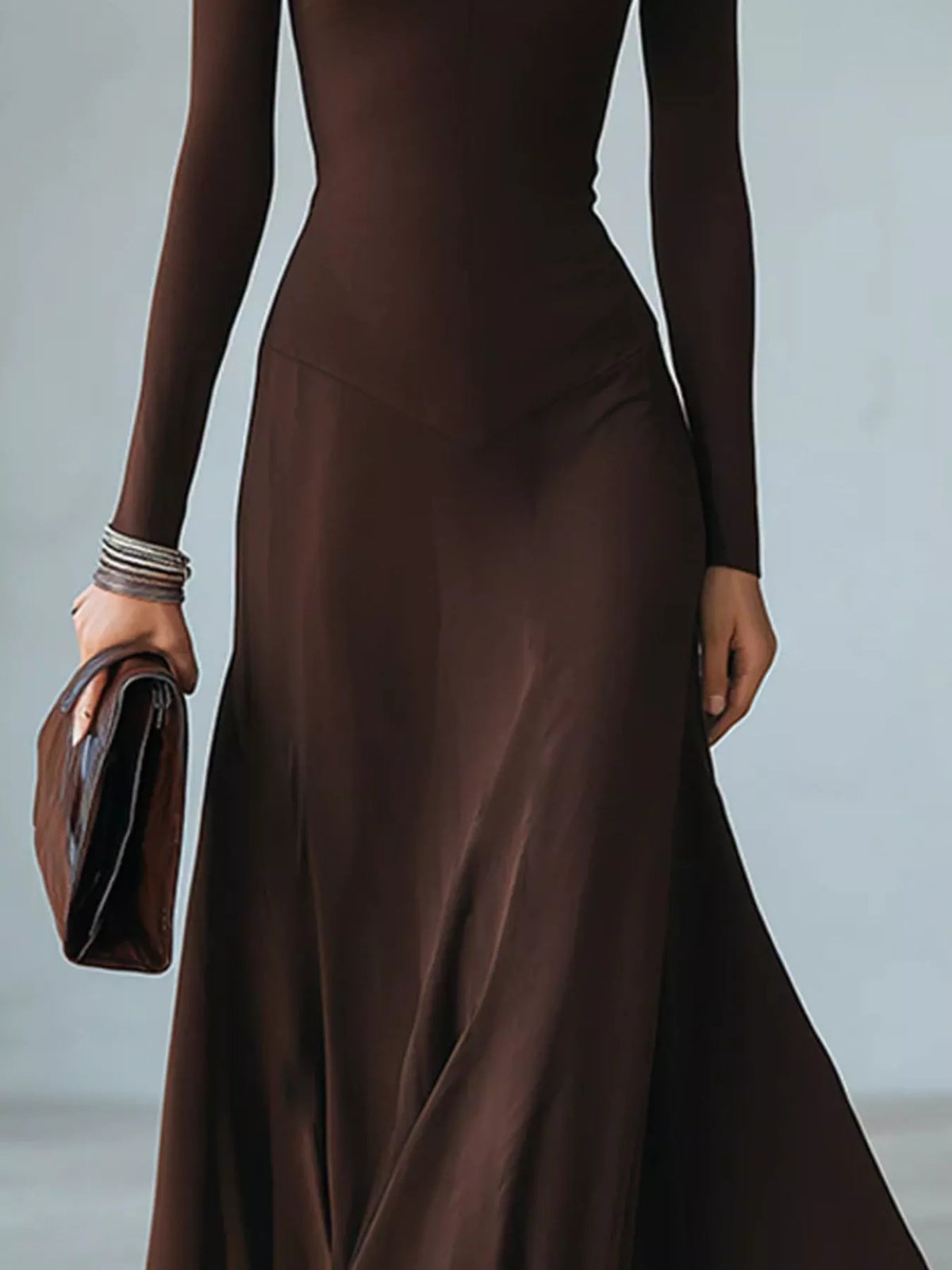 Dark brown mock neck cutout long-sleeve midi dress with fitted waist and A-line skirt