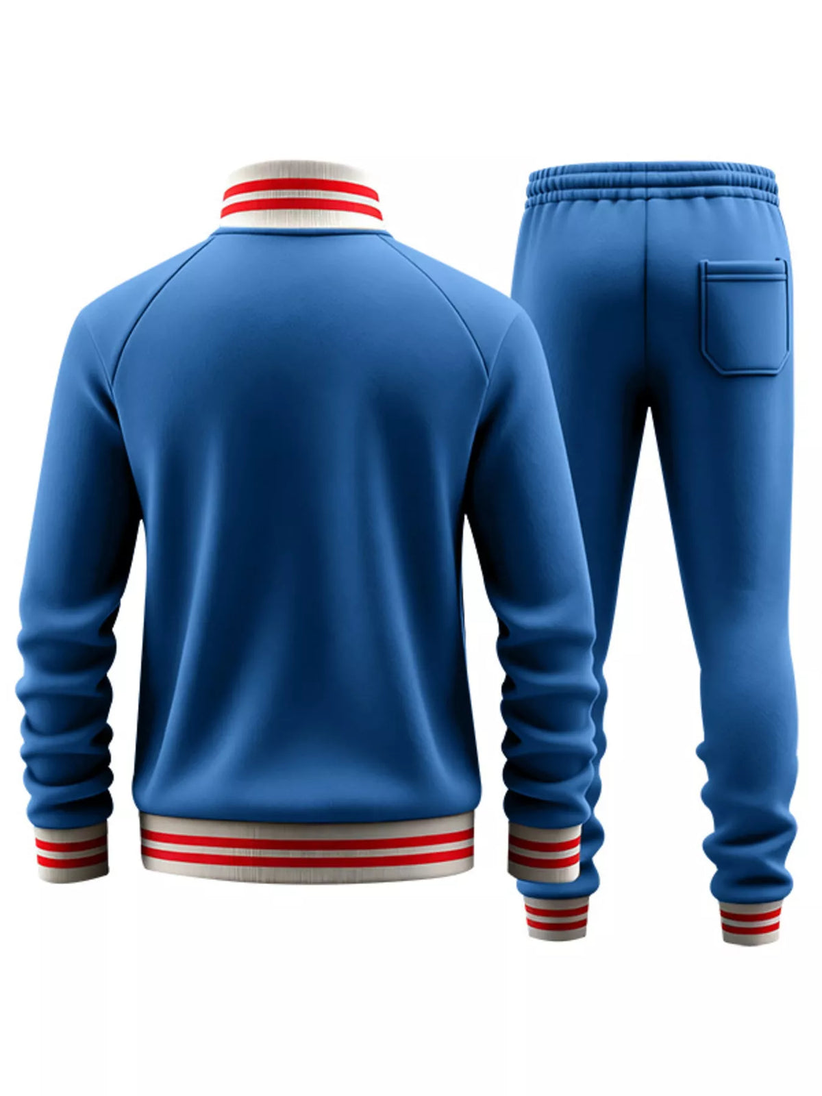 Blue zip-up track jacket and jogger pants set from back view with striped ribbed trim