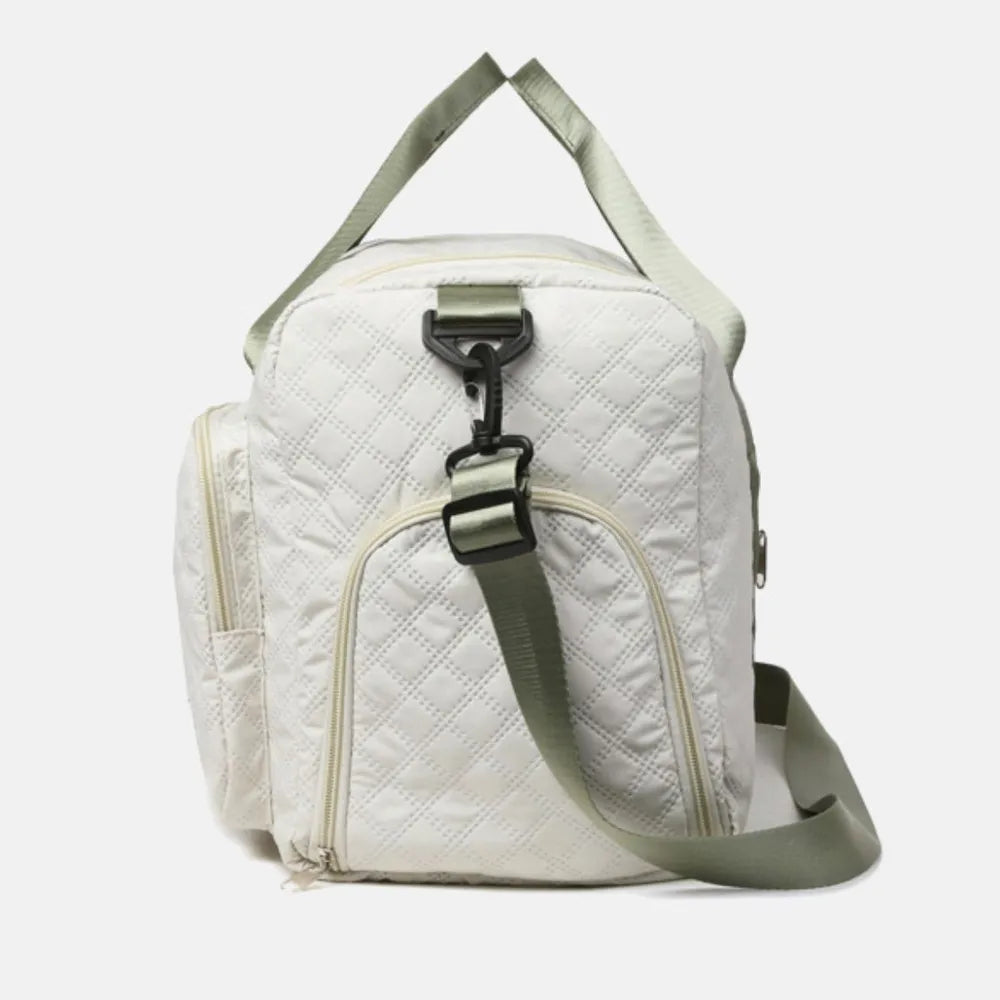 White travel duffel bag with curved top handle and front zip pocket