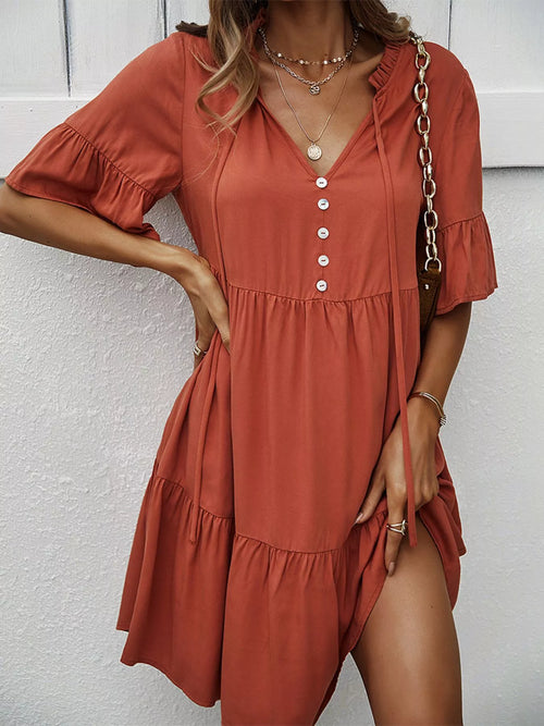 Terracotta tiered mini dress with ruffle sleeves and button-front bodice