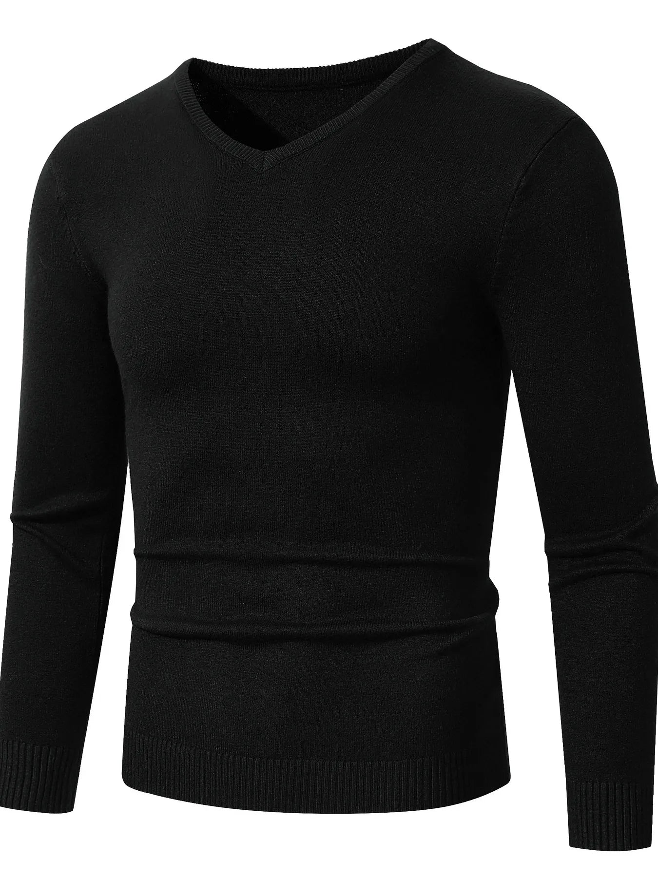 Men’s plus size ribbed hem long sleeve sweater, V-neck, black with ribbed cuffs