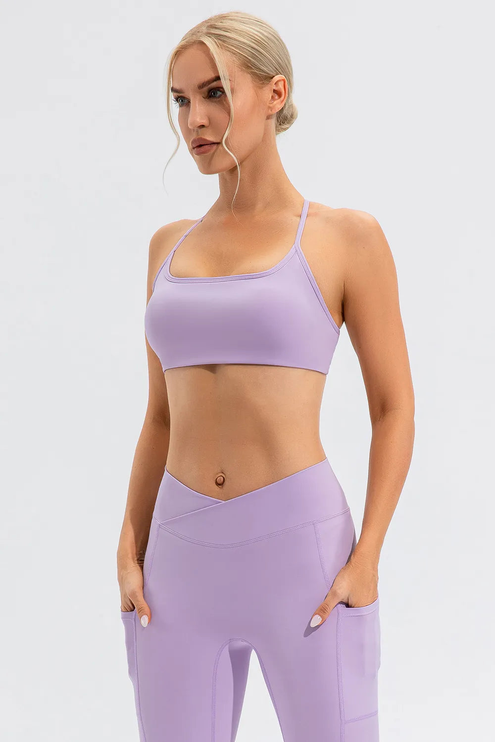 Lilac active cami with thin spaghetti straps and scoop neckline, cropped fit