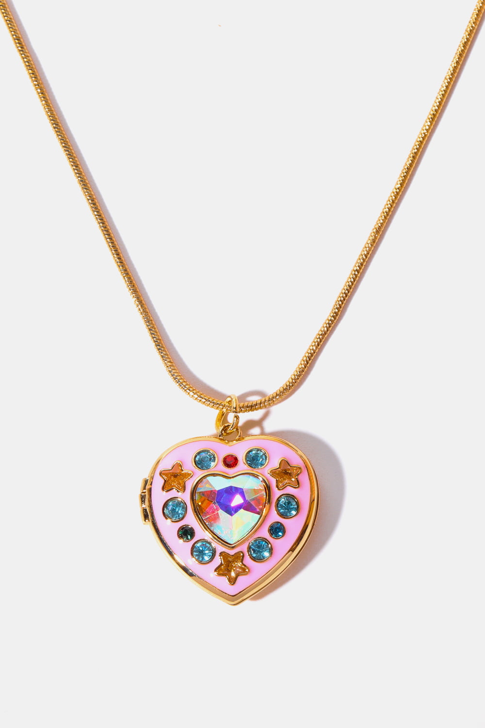 Gold-tone heart box pendant necklace with pink heart charm and rainbow rhinestone center