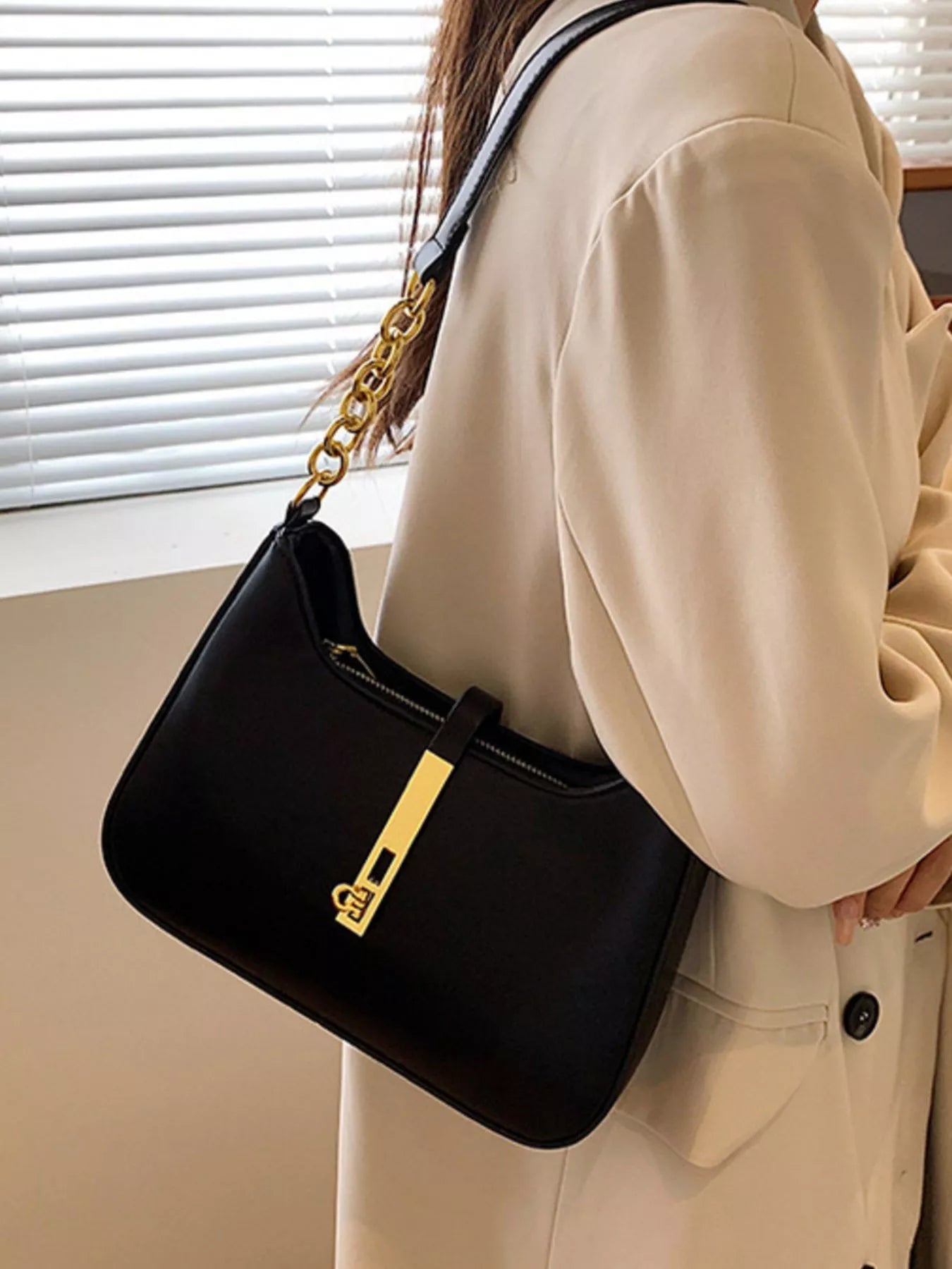 Golden Buckle Shoulder Bag, small black PU with gold chain strap by Trendsi.