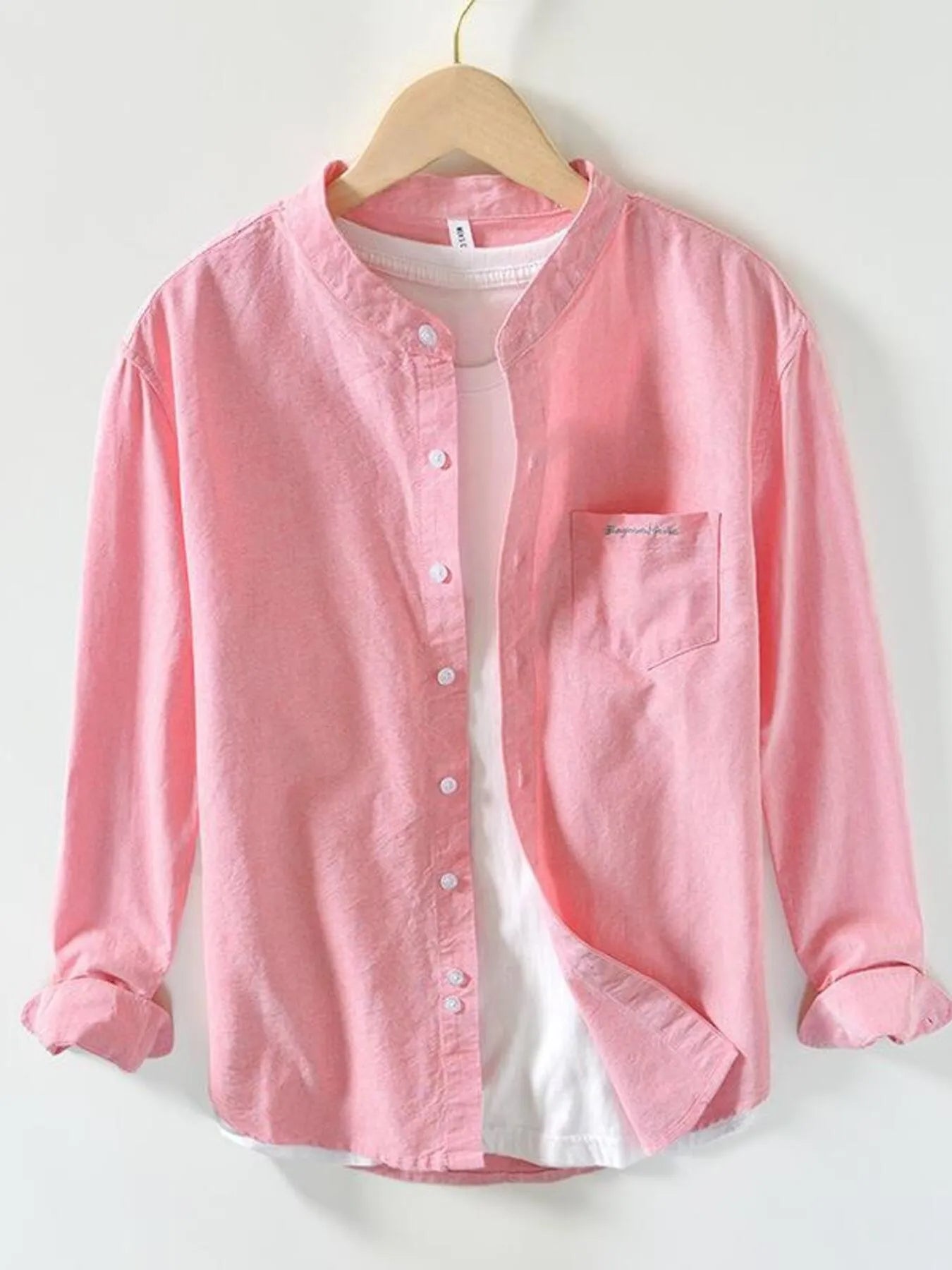Men's button-up long-sleeve shirt, dusty pink, button placket and chest pocket