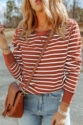 Striped long-sleeve round-neck top, rust red and white horizontal stripes, crew neck