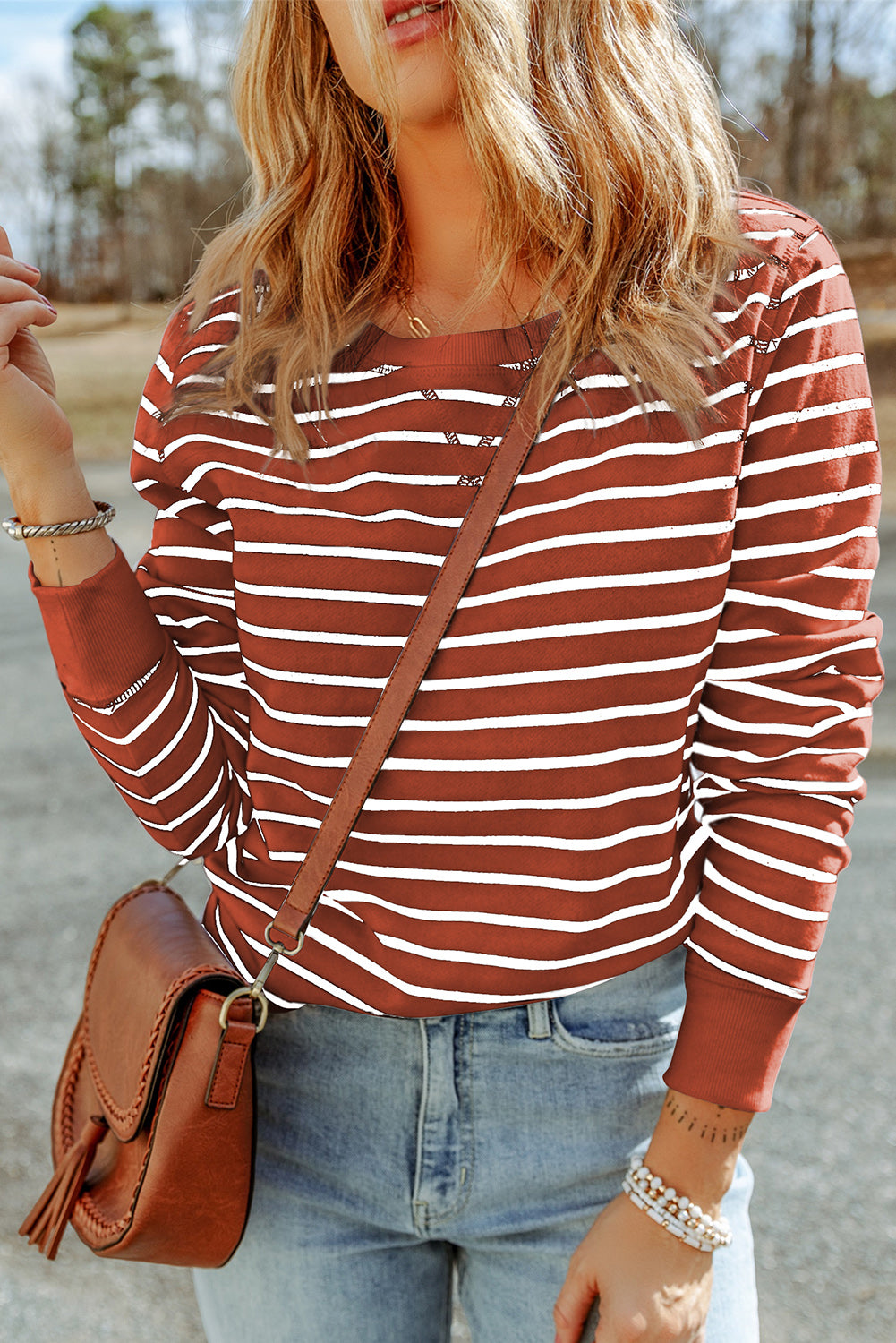 Striped long-sleeve round-neck top, rust red and white horizontal stripes, crew neck
