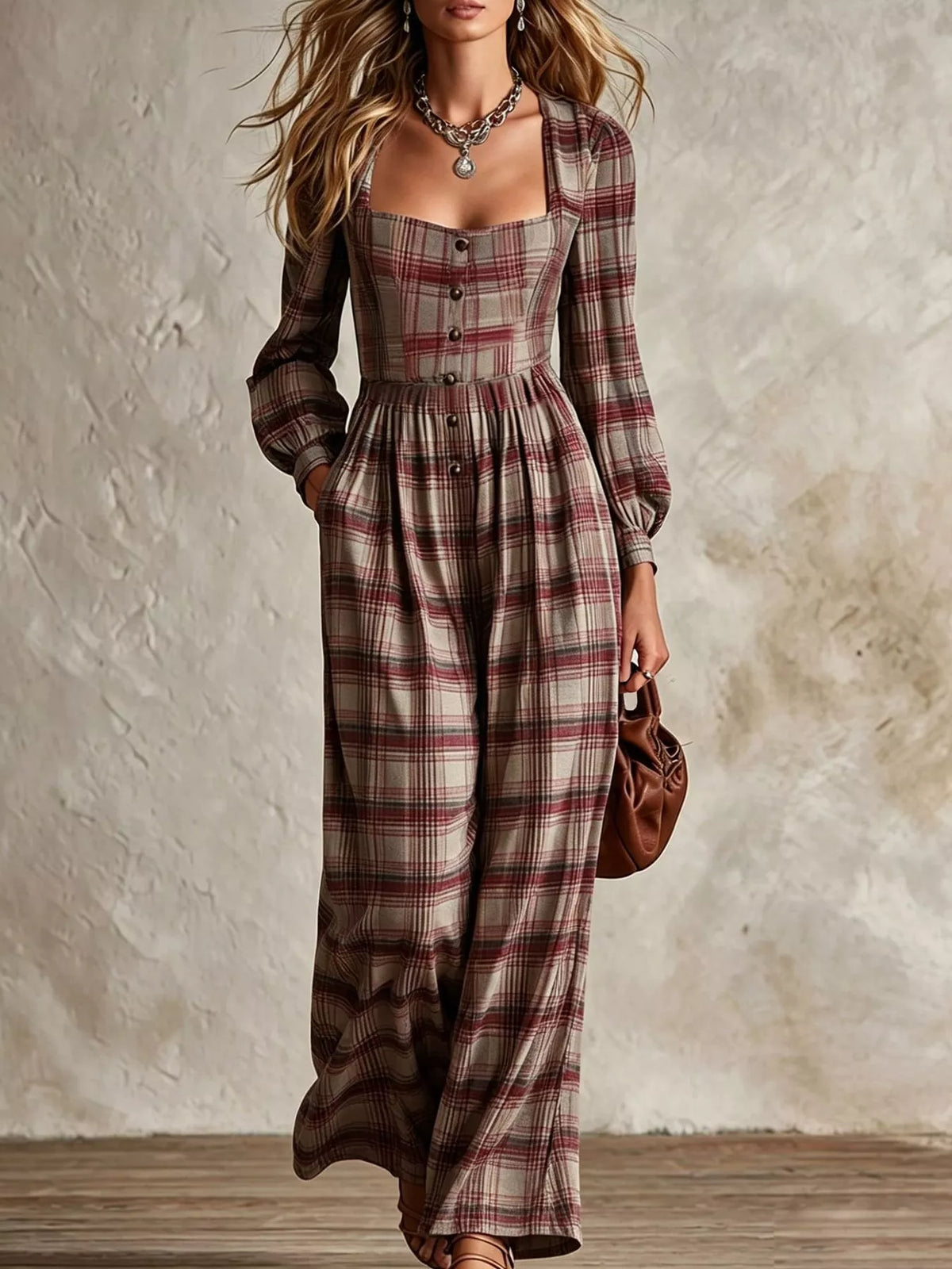 Red plaid square-neck long-sleeve jumpsuit with button front and wide legs