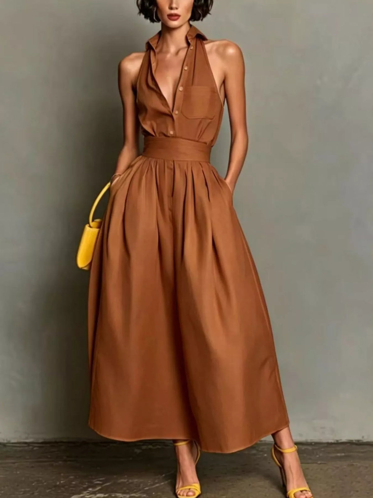 Caramel sleeveless collared A-line midi dress with chest pocket and button front