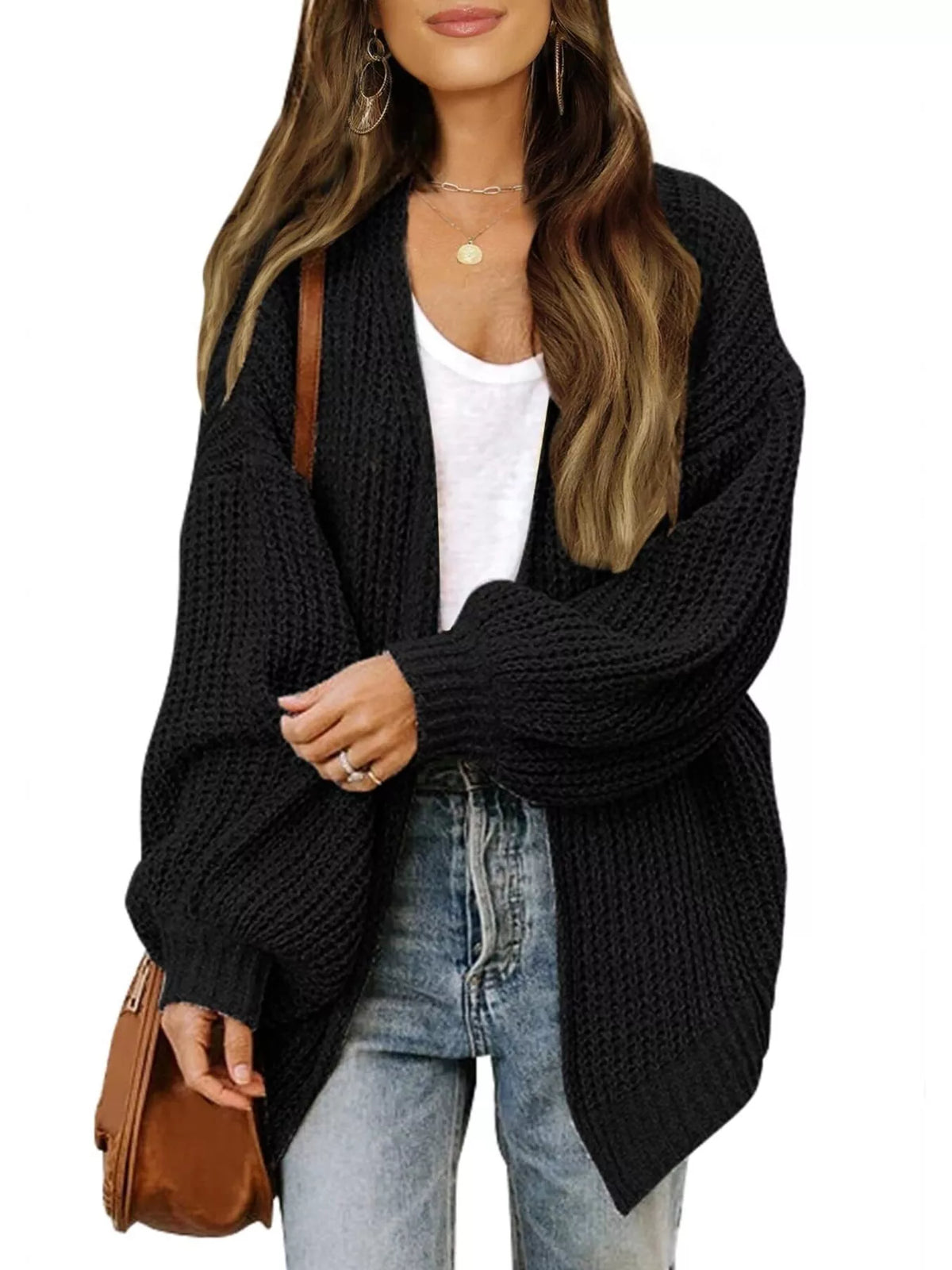 Waffle knit open-front chunky cardigan, black, long sleeves and open front