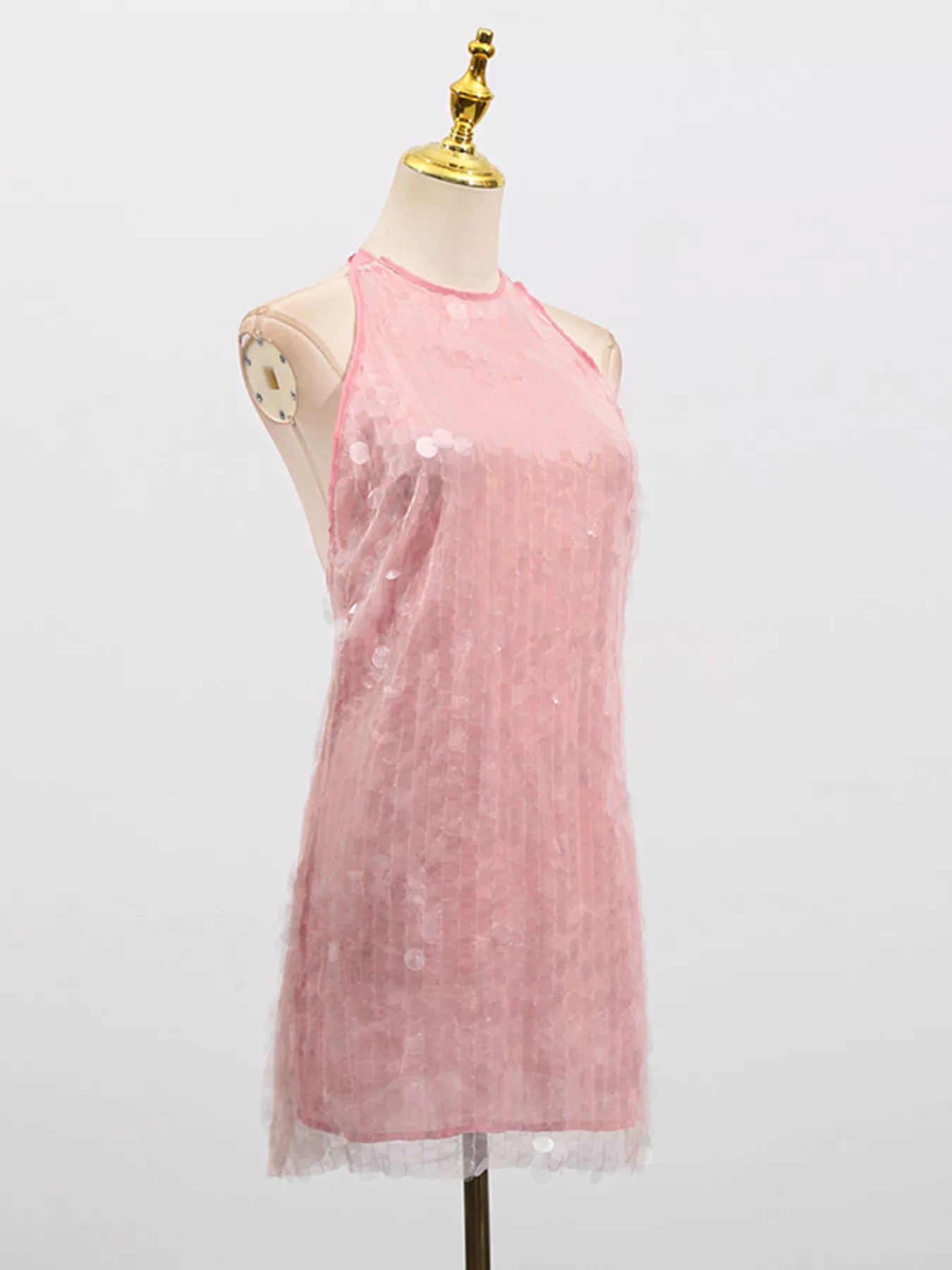 Cedar & Moore Sequin halter neck mini dress in pink with lace-hem trim on mannequin, Trendsi