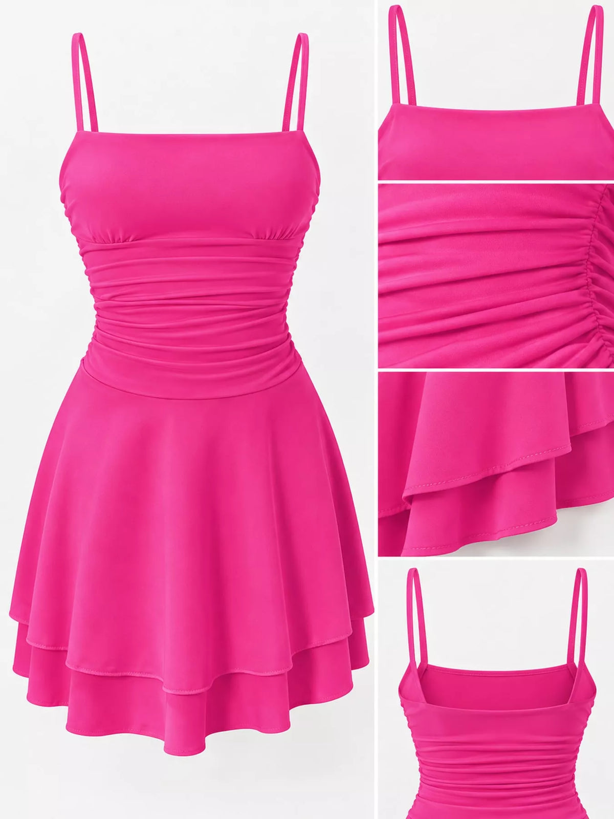 Pink ruched mini dress—front view and close-up of layered skirt hem