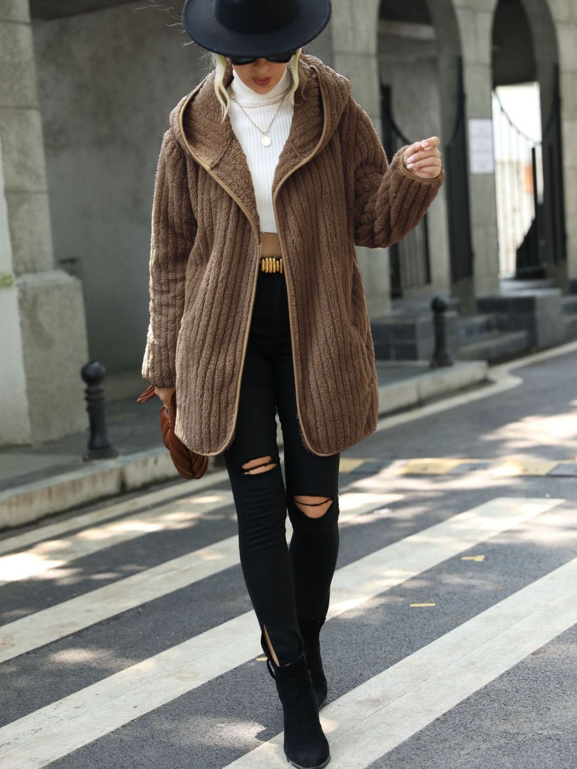Brown ribbed open-front hooded coat, full length, long sleeves