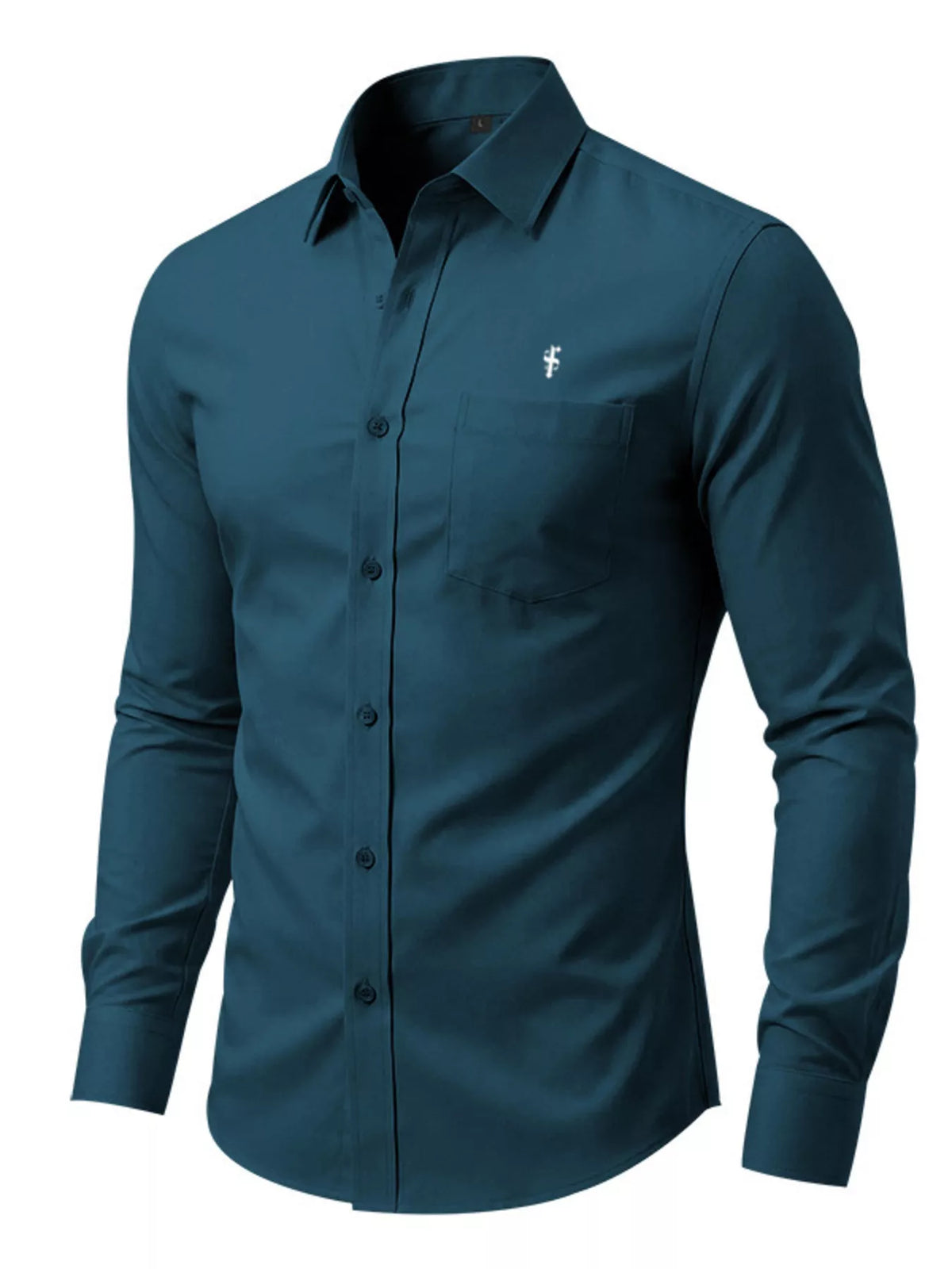 Men's teal-blue long-sleeve button-up cotton shirt, front view, chest logo