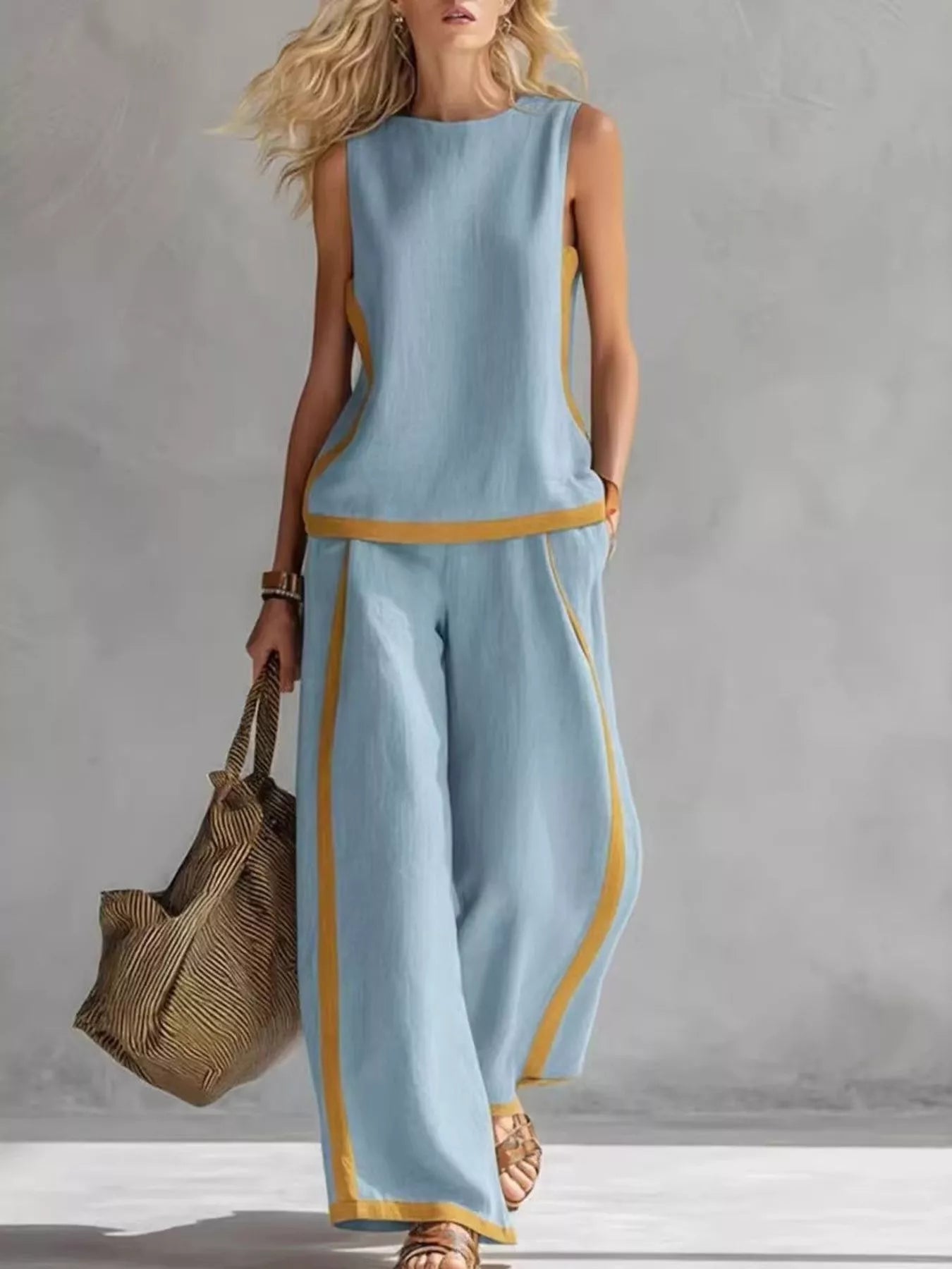 Sleeveless tank top and wide-leg pants set, light blue with yellow trim