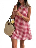 Red and white gingham sleeveless A-line mini dress with round neckline