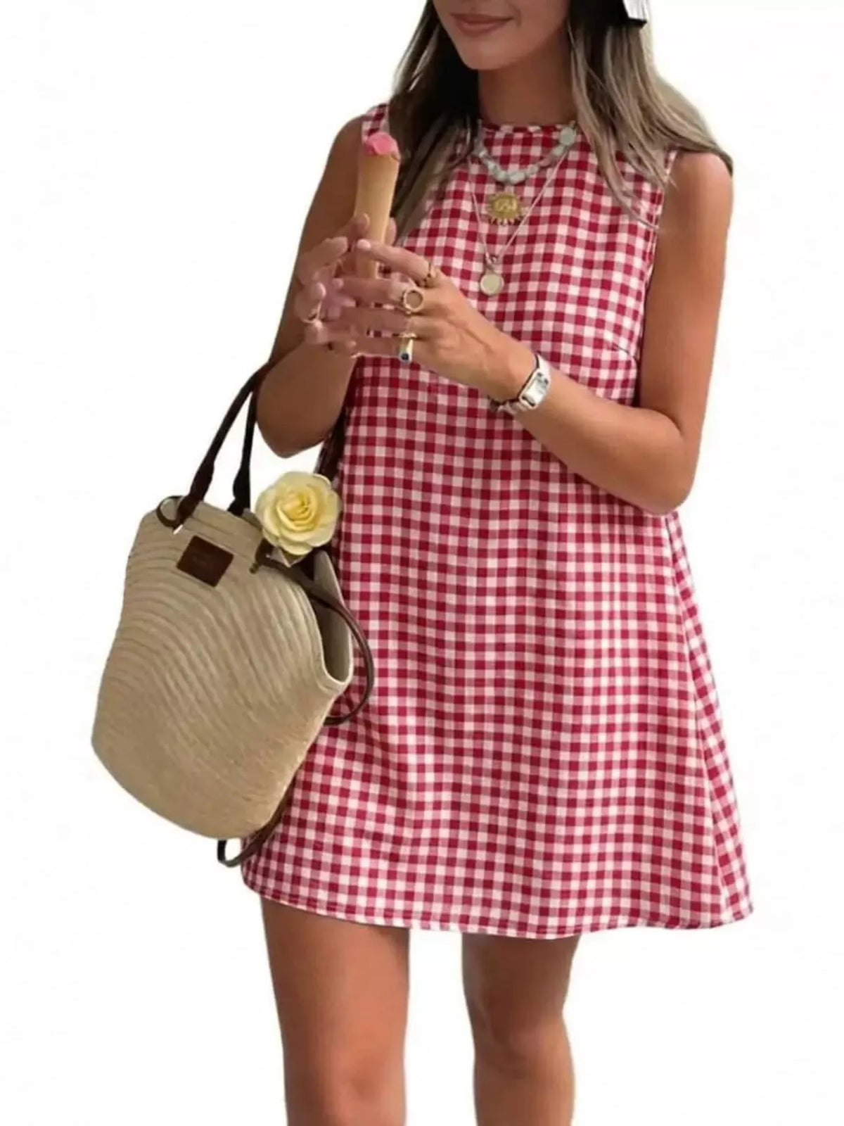 Red and white gingham sleeveless A-line mini dress with round neckline