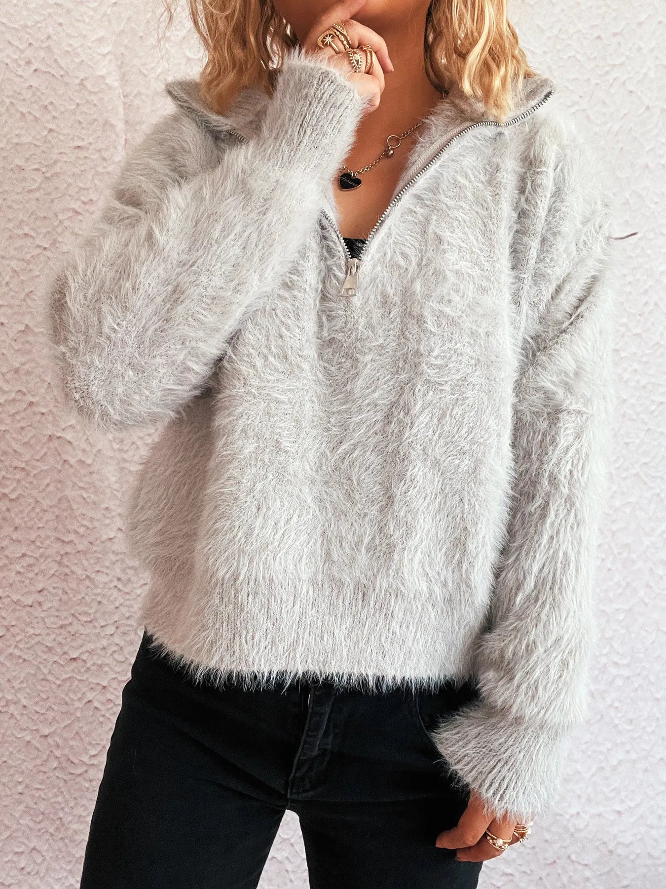 Grey fuzzy half-zip sweater, long sleeves, relaxed fit