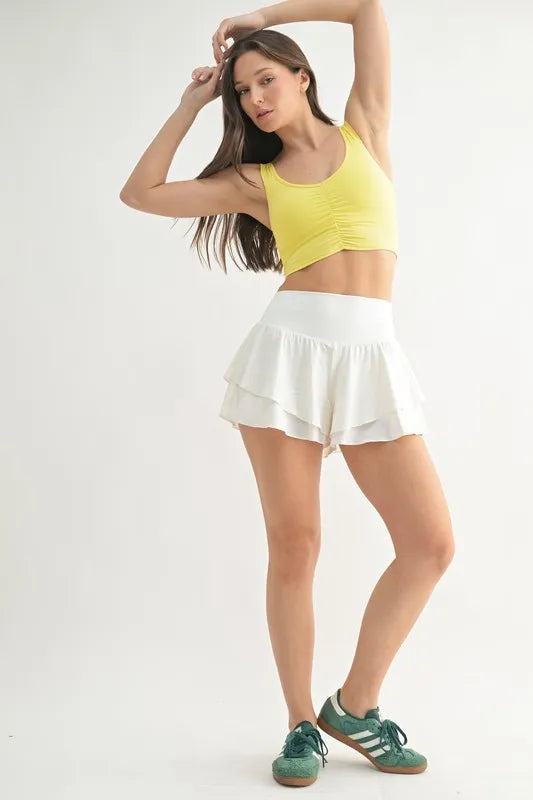 Lemon ruched-front active tank, sleeveless scoop neckline