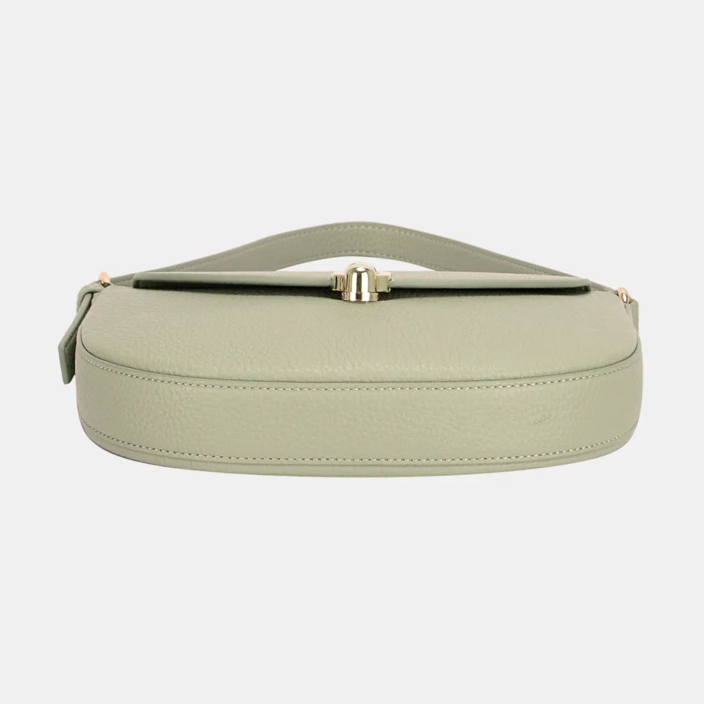 Olive half-moon bag with gold-tone metal buckle clasp and top handle straps.