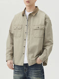 Khaki men’s plus size button-up long sleeve shirt with chest pockets
