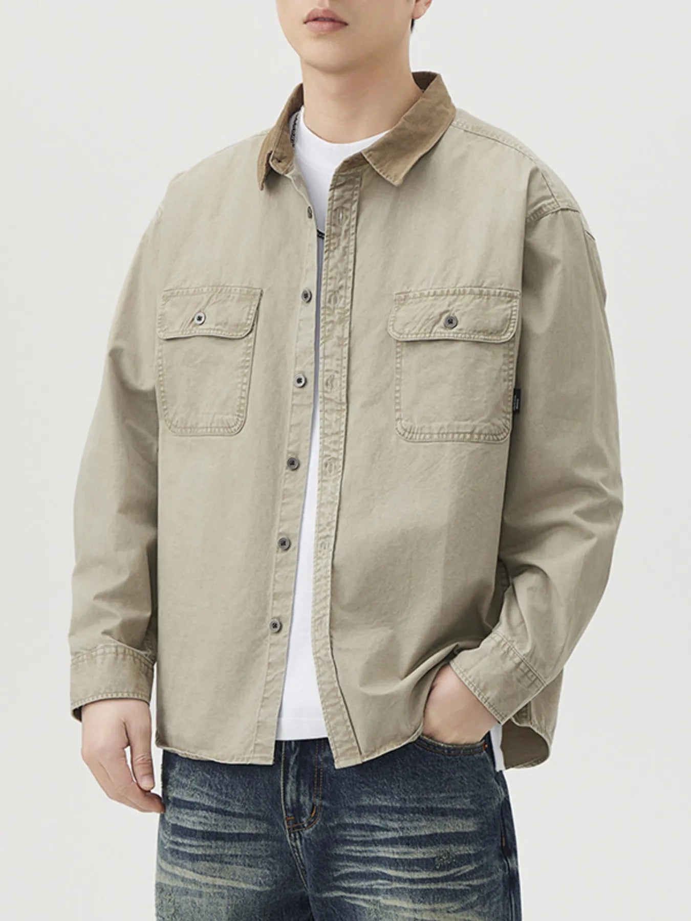 Khaki men’s plus size button-up long sleeve shirt with chest pockets