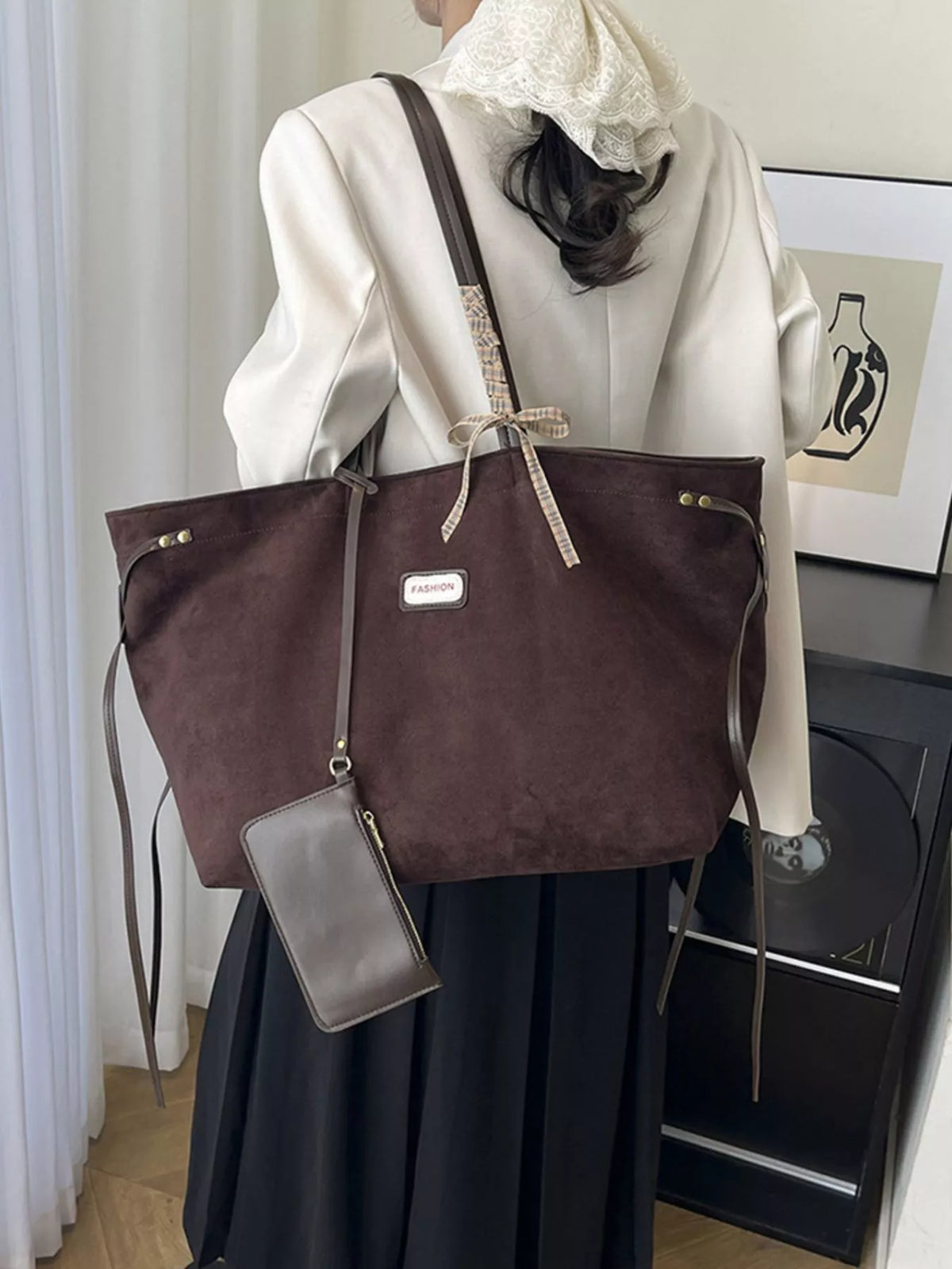 Chocolate suede large tote with front zip pocket and detachable mini crossbody pouch