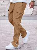 Men's khaki solid cargo pants with flap cargo pockets and button cuffs
